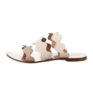 Chloe Cream and Brown Leather Scalloped Accent Slippers